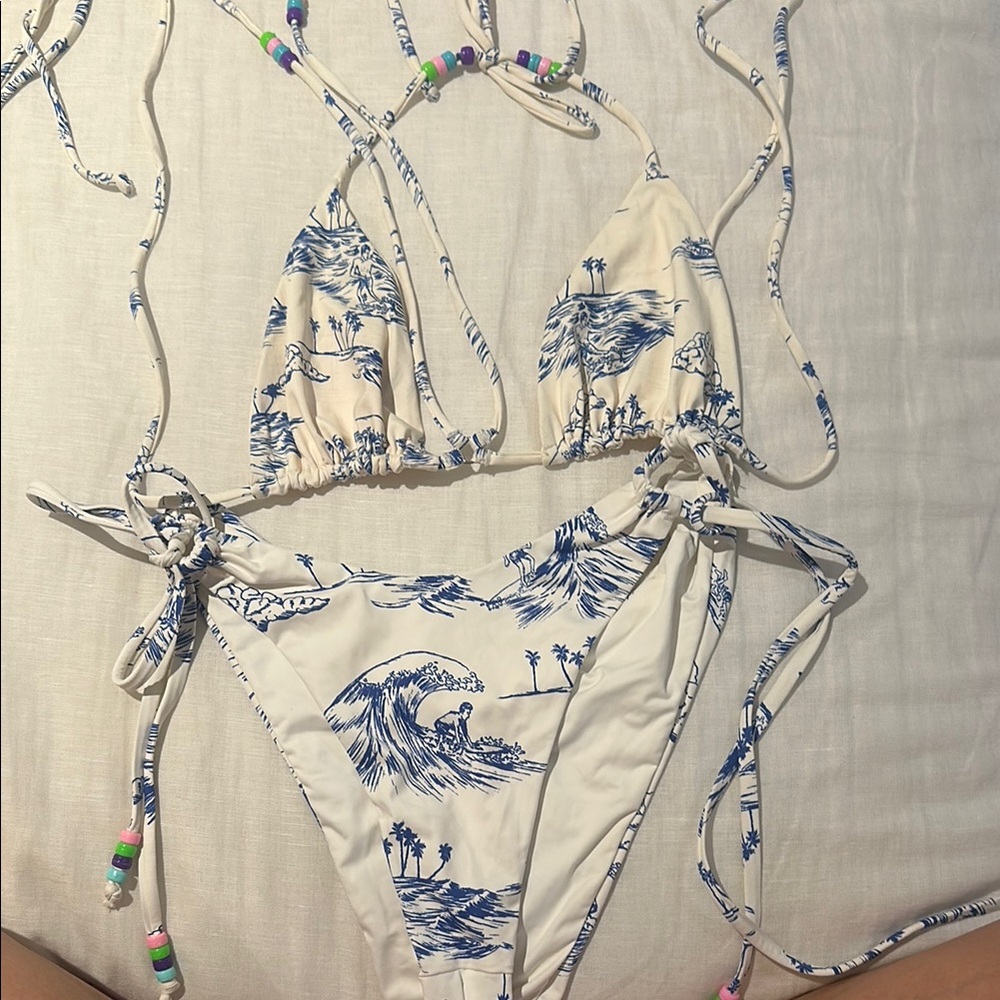 Frankie’s bikinis White and Blue Wave Print Tie-Side Triangle Bikini